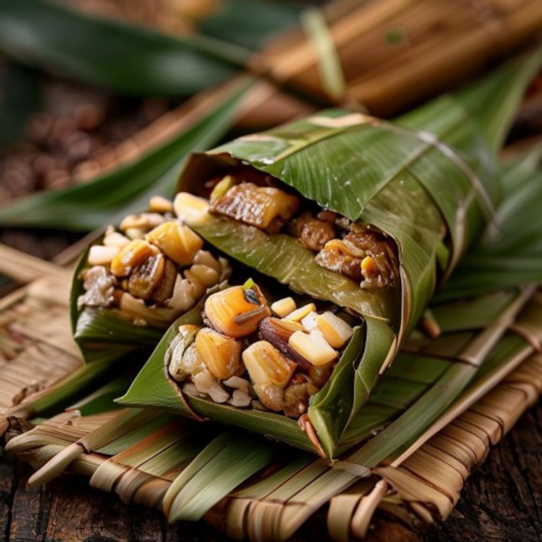 Aufgeschnittenes vegetarisches Zòngzì mit Pilzen und Erdnüssen.